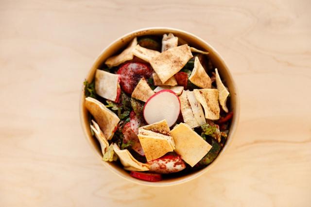 Manousheh: Fattouch, 1 x $8.00
traditional lebanese salad with lettuce, cucumber, tomato, radish, parsley, mint, onion, sumac, lemon juice, olive oil, and crispy pita bread