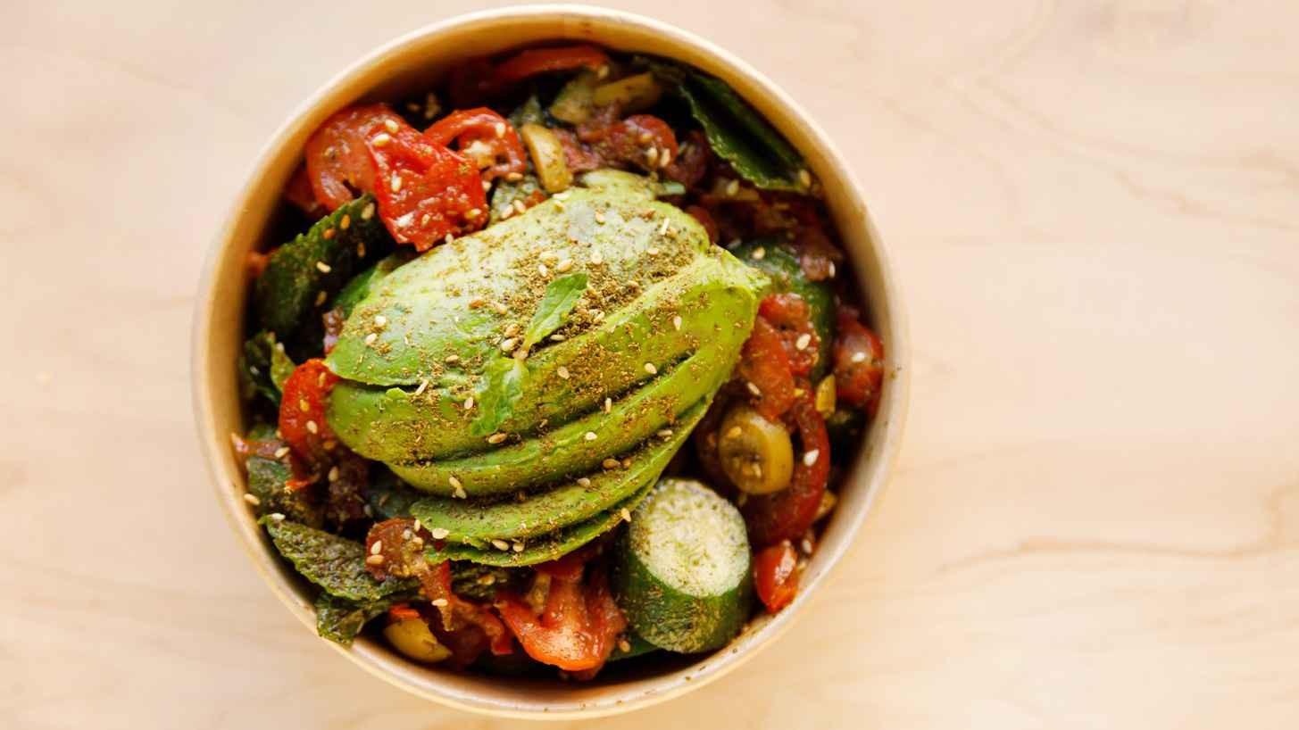Manousheh: Avocado Zaatar Salad - TP , 1 x $14.00
Thyme mix, avocado, tomato, cucumber, mint, olives, sumac, and olive oil dressing