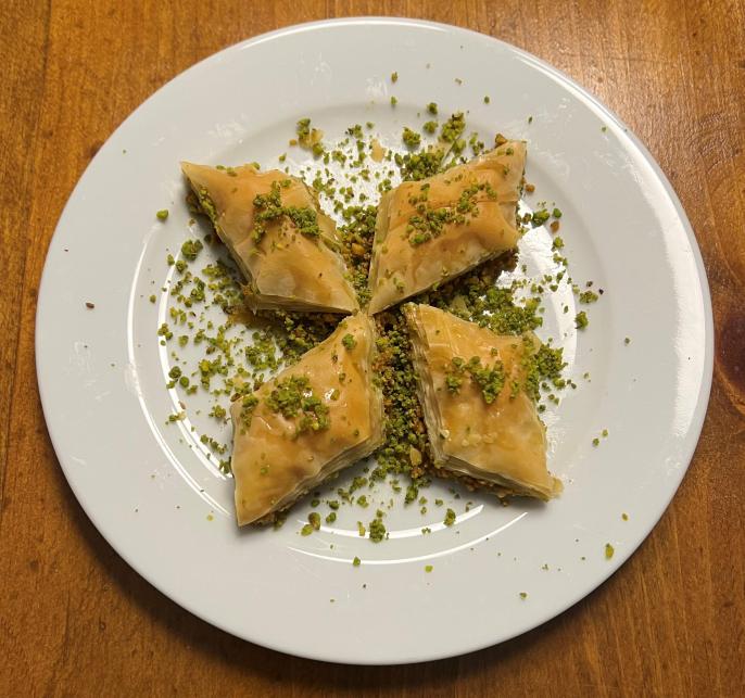 Casba Food And Pastries: Classic Baklava, 1 x $7.00
Walnuts, phyllo dough, ghee butter and honey syrup