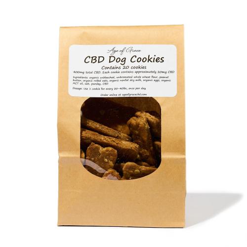 Age of Grace: CBD Dog Supplements (Single Bag), 1 x $25.00
Treat your dog to the relief they deserve with our CBD Dog Cookies, made with full-spectrum CBD and pet-safe ingredients. Each bag contains 20 treats with 20 mg of CBD minimum per cookie — for a total of 400 mg minimum per bag. These delicious cookies are designed to help with anxiety, joint discomfort, stress from loud noises, separation, or aging-related stiffness.

Crafted in small batches and free from artificial additives, these treats make daily wellness easy and enjoyable for your pup. Whether used regularly or as needed, they’re a trusted option for keeping your dog calm, happy, and mobile.

✅ Key Benefits:
Helps Ease Anxiety: Perfect for stress, loud noises, separation, or travel
Supports Joint Health & Comfort: Full-spectrum CBD helps reduce inflammation and stiffness
Consistent Dosing: 20 mg CBD per cookie for easy portion control
Clean Ingredients: Made with organic, pet-safe ingredients — no artificial fillers

Ingredients: Organic whole wheat flour, peanut butter, organic rolled oats, organic nonfat dry milk, organic eggs, CBD, organic MCT oil, salt, organic parsley.

Note:
Subscriptions are scheduled for the first of the month regardless of when the first order is placed.