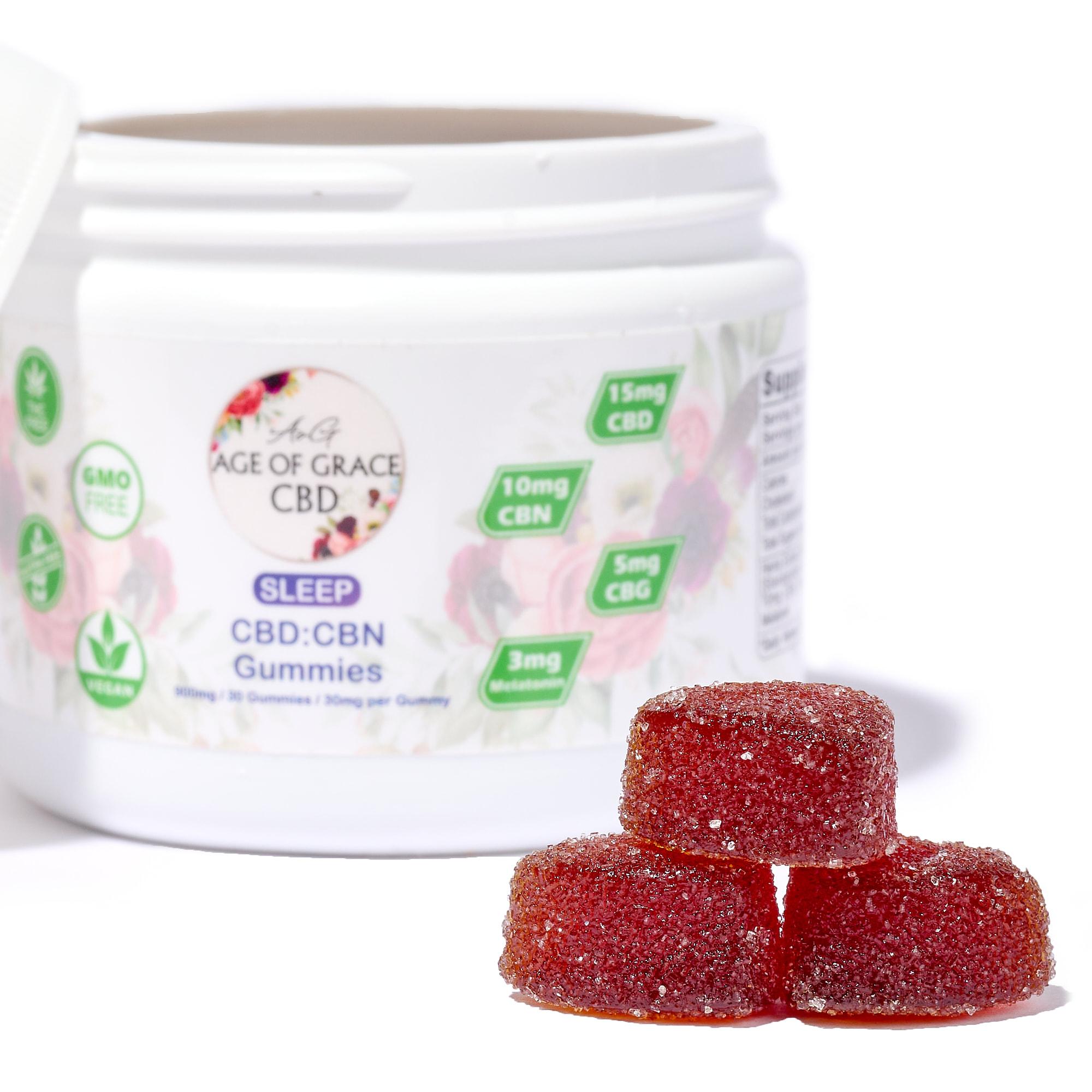 Age of Grace: CBD:CBN Sleep Gummies, 2 x $40.00
Our CBD:CBN Sleep Gummies are carefully formulated to help you wind down, fall asleep faster, and stay asleep longer — without the next-day fog. Each gummy delivers 30 mg of cannabinoids, combining CBD and CBN, two powerful, non-intoxicating compounds known to support healthy sleep cycles.
This 900 mg bottle contains 30 gummies, each made with all-natural, vegan ingredients and zero THC, so you can rest peacefully and wake up refreshed. Ideal for those with occasional or chronic sleep issues, travel-related insomnia, or stress-related restlessness.

✅ Key Benefits:
Promotes Restful Sleep: Combines CBD + CBN for powerful, non-drowsy nighttime support
Effective Dosing: 30 mg of cannabinoids per gummy (900mg total) for consistent results
Clean Formula: THC-free, vegan, non-GMO, and made with natural fruit flavors
Wake Refreshed: Helps you stay asleep without morning grogginess
Trusted Quality: Third-party tested for safety, purity, and potency

Contains 30 Gummies
15 mg CBD
10 mg CBN
5 mg CBG
3 mg Melatonin

Note:
Subscriptions are scheduled for the first of the month regardless of when the first order is placed.