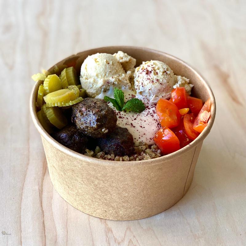 Manousheh: Kafta Freekeh (Delivery) , 1 x $16.00
freekeh, kafta, onion and parsley salad, tomatoes, pickles, hummus, tahini, olive oil and sumac