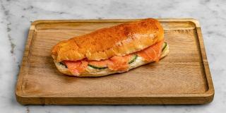 Aux Merveilleux de Fred - Midtown: Salmon & Cream cheese Brioche Sandwich, 1 x $8.50
Our Signature Brioche bun filled with salmon and cream cheese, and completed with cucumbers and dill.  A moist, soft and balanced sandwich where bread is a star!