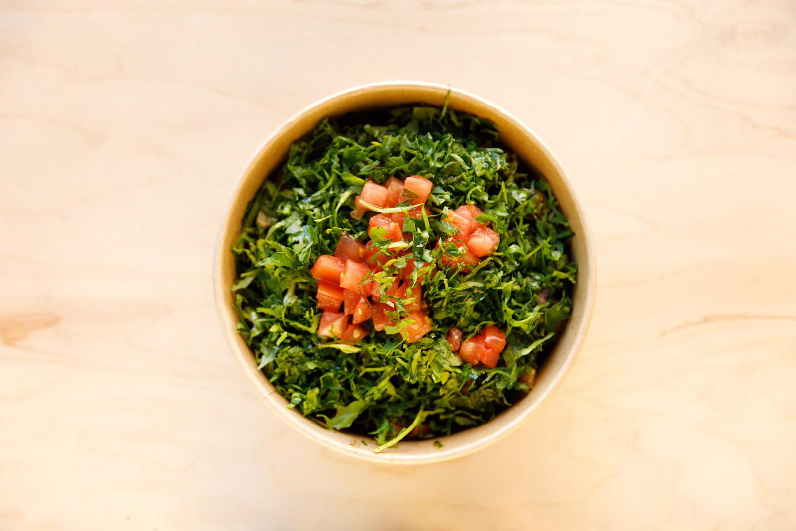 Manousheh: Tabbouleh, 1 x $13.00
traditional lebanese salad with parsley, tomato, onion, lemon juice, and olive oil dressing