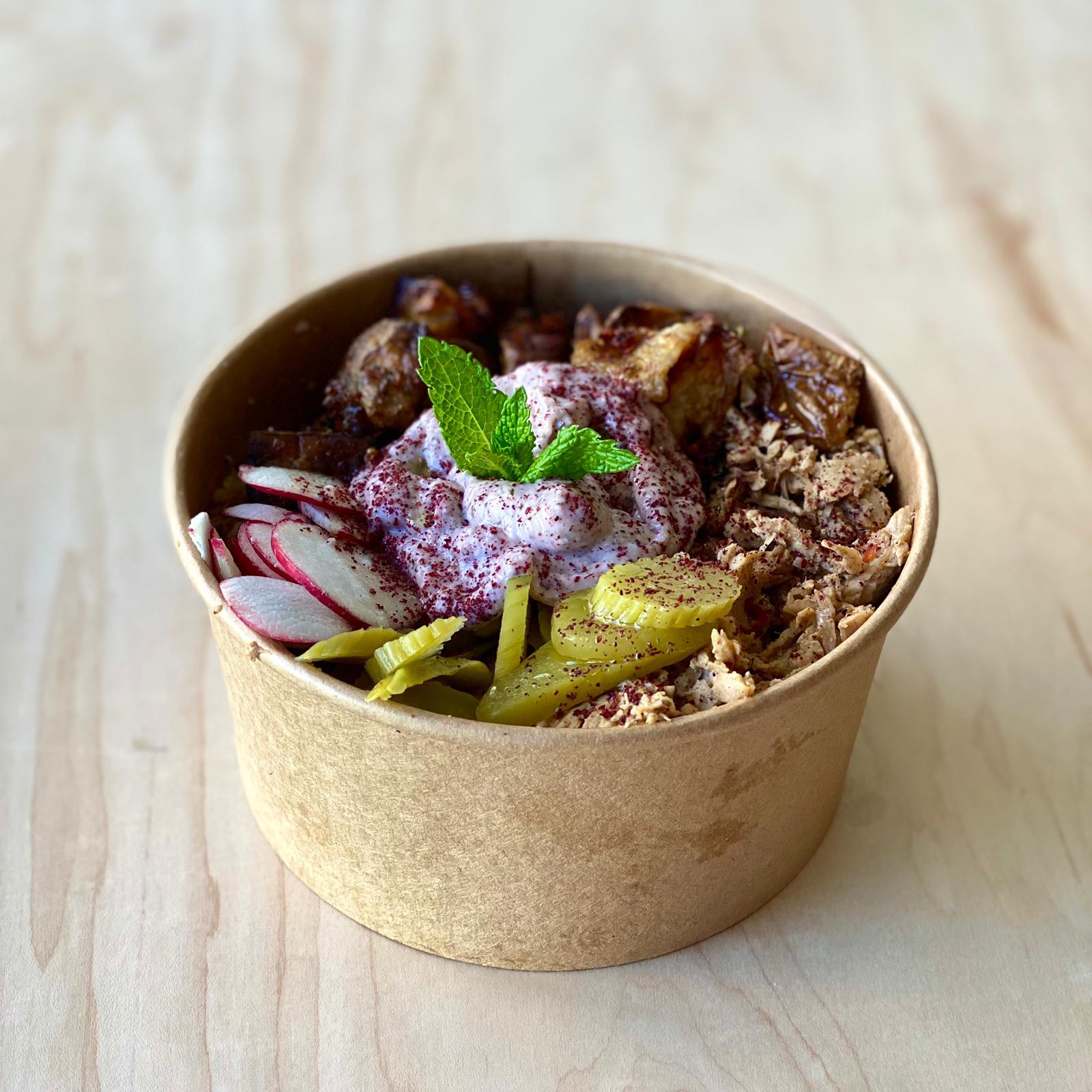 Manousheh: Chicken Freekeh, 1 x $16.00
freekeh, chicken musakkhan, batata harra, pickles, radish, lettuce, thoum, olive oil and sumac