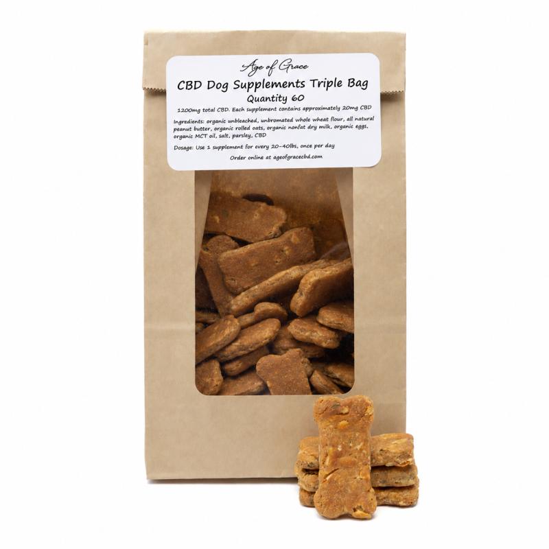 Age of Grace: CBD Dog Supplements (Triple Bag), 4 x $65.00
Treat your dog to our CBD Dog Cookies, made with full-spectrum CBD and pet-safe ingredients. Each bag contains 60 treats with 20 mg of CBD minimum per cookie — for a total of 1200 mg minimum per bag.