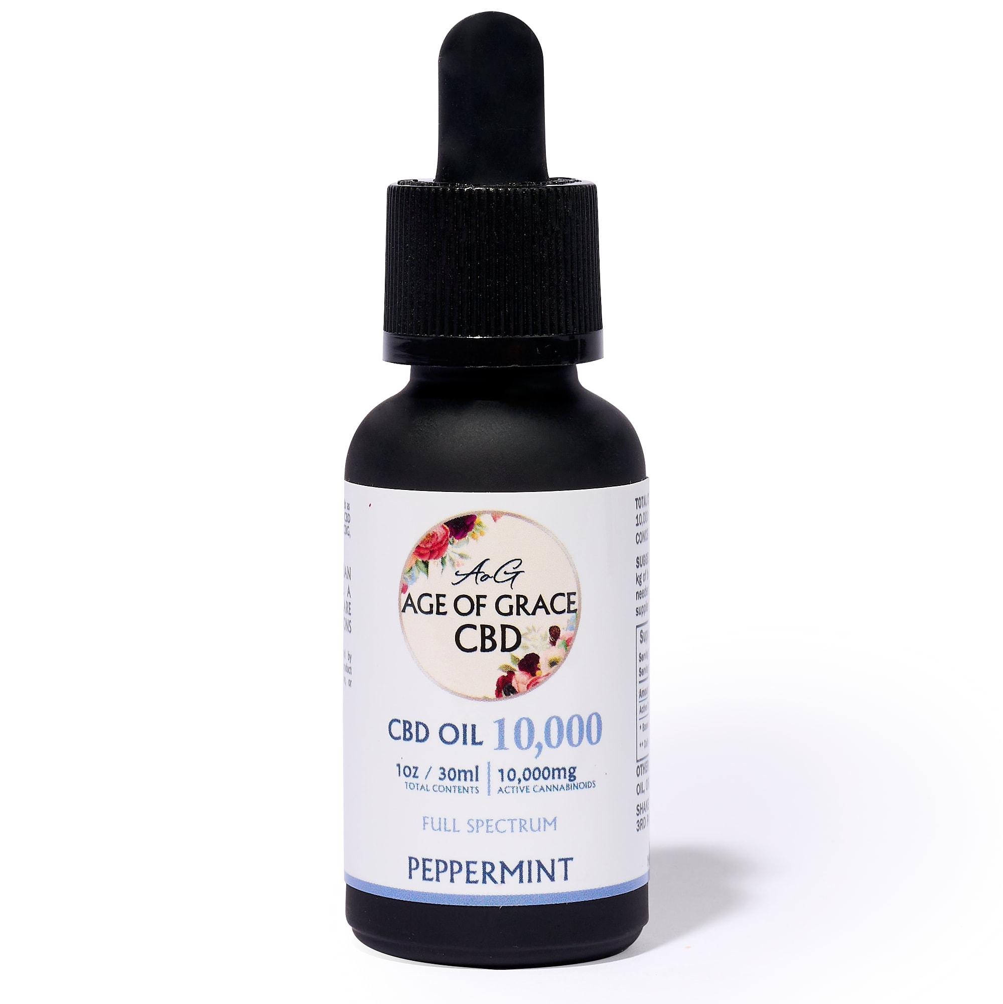 Age of Grace: 10,000 mg CBD Oil (33% Concentration), Peppermint, Full Spectrum, 1 x $125.00
Our 10,000 mg Full-Spectrum CBD Oil is designed for those who need powerful, long-lasting support for chronic pain, anxiety, sleep disturbances, and inflammation. Each drop delivers a highly concentrated dose of full-spectrum cannabinoids — including CBG, CBN, CBC, and CBT — working together for enhanced therapeutic results.
Formulated with organic ingredients, this oil offers a clean, effective solution without unwanted side effects. Perfect for daily use or targeted relief.

✅ Key Benefits:
Maximum Strength Relief: 10,000 mg CBD per bottle for serious support
Easy Dosing: At 333 mg per full dropper, this formula is better for faster, deeper relief
Versatile Wellness Aid: Eases pain, calms anxiety, supports deep sleep, and reduces inflammation
Full-Spectrum Formula: Includes beneficial minor cannabinoids for the entourage effect
Clean Ingredients: ACS tested for pesticides, heavy metals, mycotoxins, and pathogens, Full-Spectrum and vegan
Third-Party Tested: Verified for purity, potency, and safety

Ingredients:
Organic MCT Oil
Full Spectrum CBD, <0.3% THC, 3rd Party Tested

Note:
Subscriptions are scheduled for the first of the month regardless of when the first order is placed.