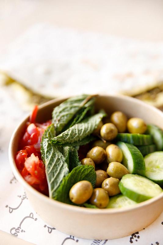 Manousheh: Side Veggies, 1 x $3.00
tomato, cucumber, mint, and olives