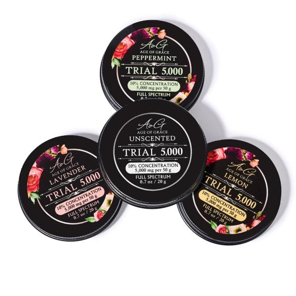Age of Grace: 5,000 mg Trial Balm, 1 x $43.75
Same formulations as the larger 2 oz container, smaller size that is easy to travel with or carry in purse.