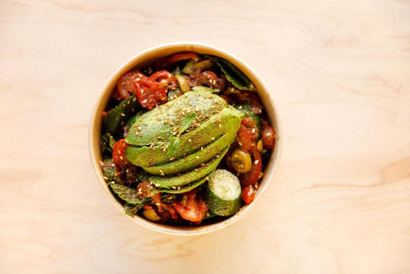 Manousheh: Zaatar Avocado Salad, 1 x $8.00
thyme mix, avocado, tomato, cucumber, mint, olives, sumac, and olive oil dressing