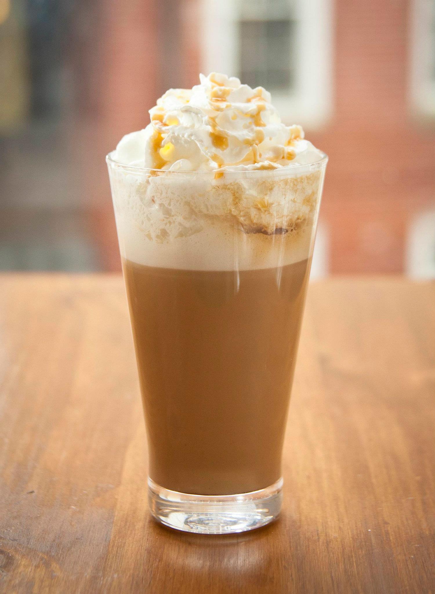 Zinneken's Belgian waffles Harvard square: Caramel Macchiato, 1 x $4.50
Double Shot of espresso with steamed milk and caramel. 
This blend is composed of the finest Arabicas from Central and South America, such as Costa Rica and Colombia and selected Robusta from Asia.