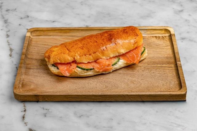 Aux Merveilleux de Fred - Midtown: Salmon & Cream cheese Brioche Sandwich, 1 x $8.80
Our Signature Brioche bun filled with salmon and cream cheese, and completed with cucumbers and dill.  A moist, soft and balanced sandwich where bread is a star!