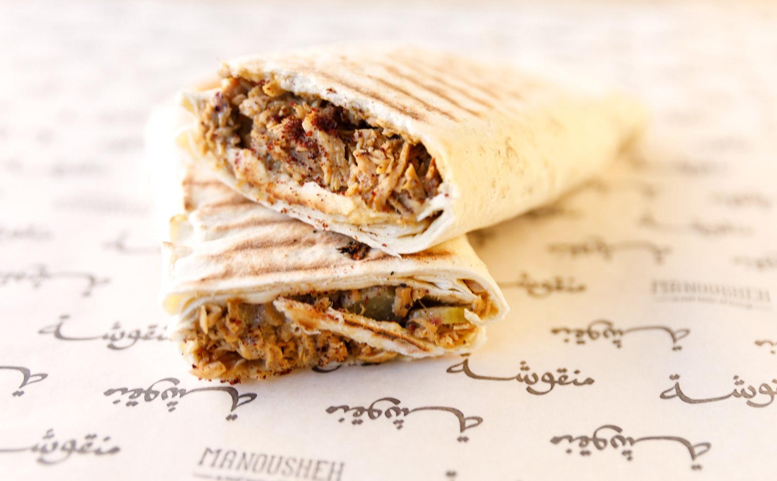 Manousheh: Chicken Musakkhan, 1 x $13.00
roasted chicken served with caramelized onions, sumac, pickles, and ‘thoum’ on our freshly baked flatbread