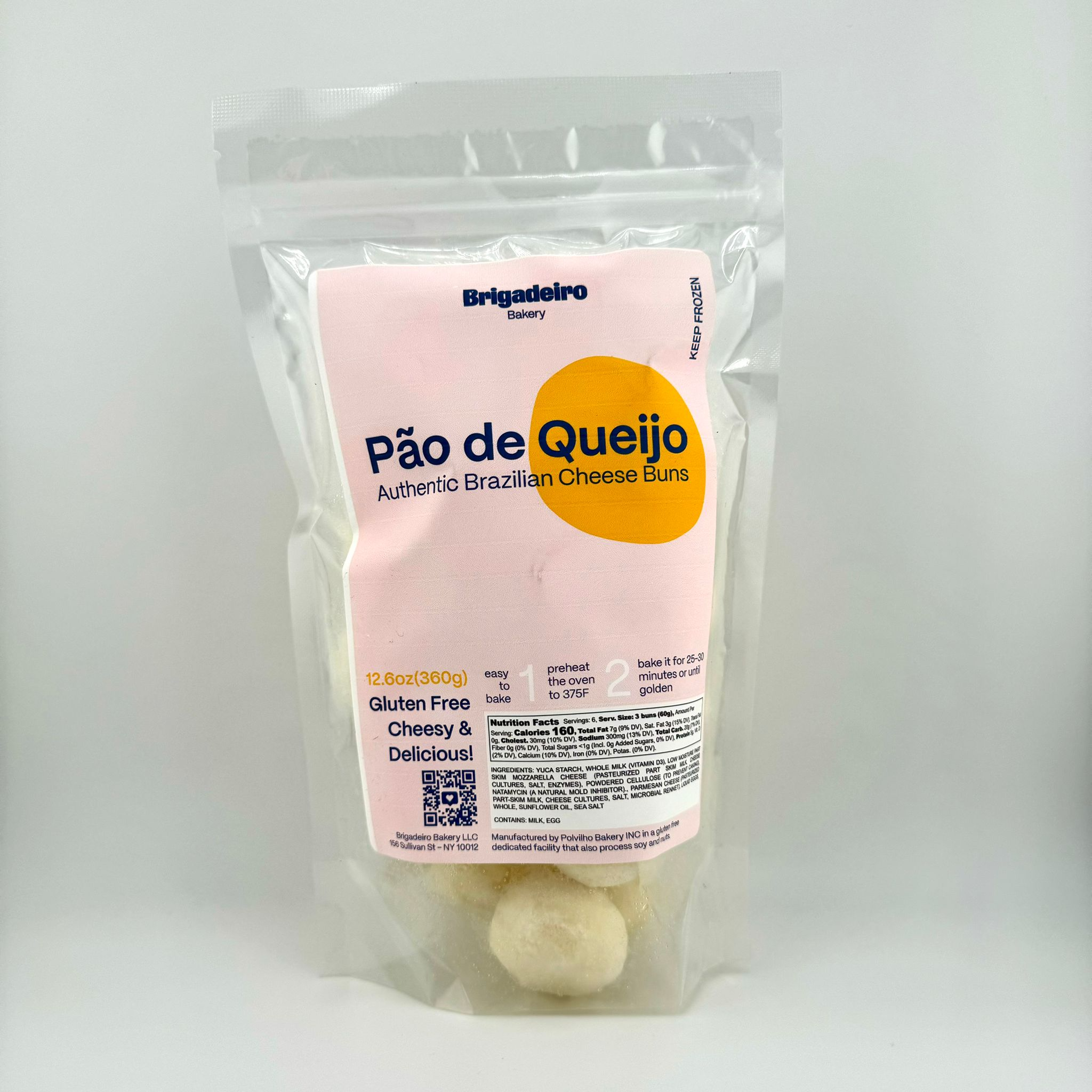 Brigadeiro Bakery: Pao de Queijo (Bake at home / Frozen), 1 x $12.00
The Authentic Brazilian cheese bun, ready to bake at home. Naturally gluten free.

Ingredients: parmesan, mozzarella, swiss cheese, eggs, milk, salt, tapioca starch and vegetable oil.

Shelf life: 12 months frozen.

Gluten Free
Contains: CHEESE, MILK, EGGS.