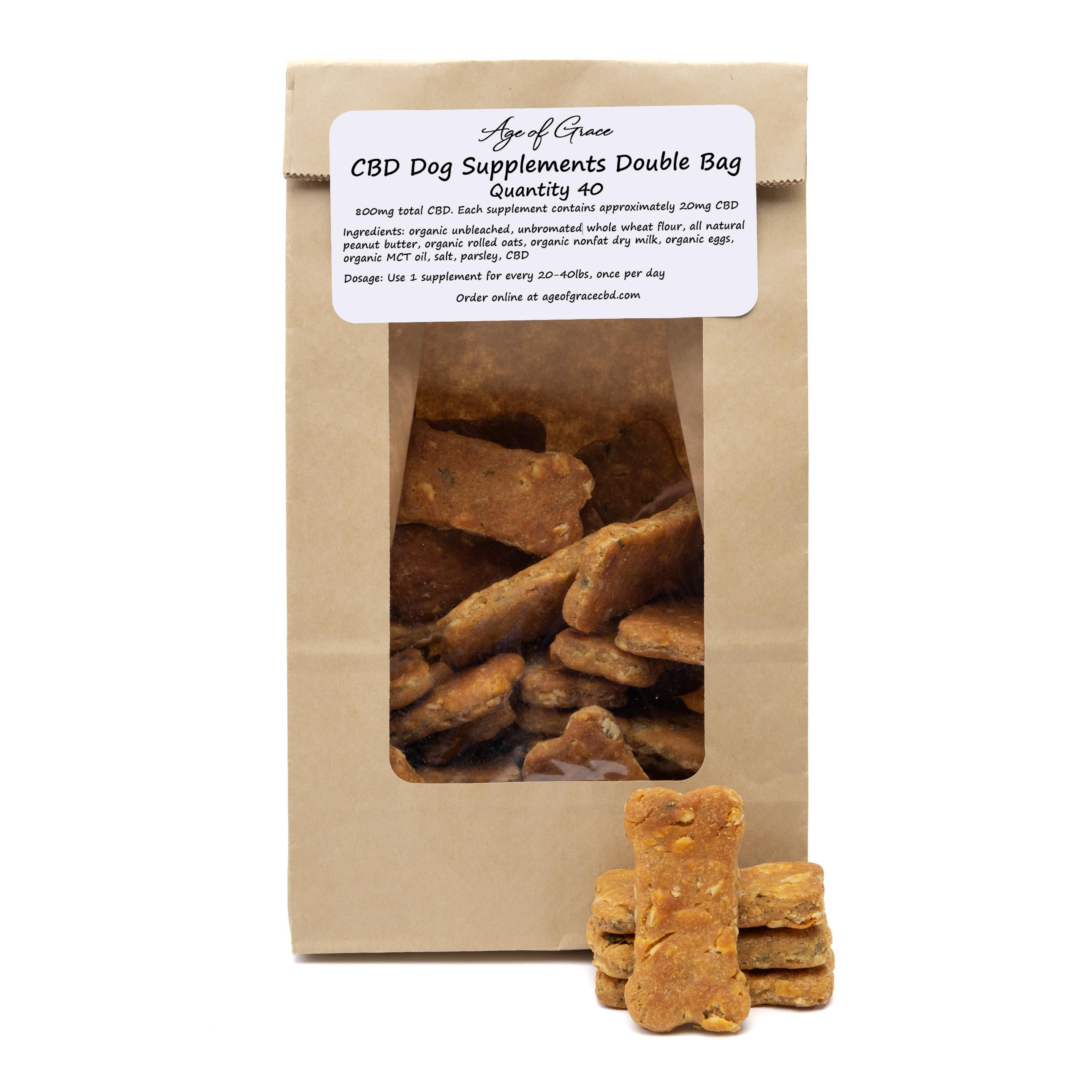 Age of Grace: CBD Dog Supplements (Double Bag), 2 x $45.00
Treat your dog to the relief they deserve with our CBD Dog Cookies, made with full-spectrum CBD and pet-safe ingredients. Each bag contains 40 treats with 20 mg of CBD minimum per cookie — for a total of 800 mg minimum per bag. These delicious cookies are designed to help with anxiety, joint discomfort, stress from loud noises, separation, or aging-related stiffness.

Crafted in small batches and free from artificial additives, these treats make daily wellness easy and enjoyable for your pup. Whether used regularly or as needed, they’re a trusted option for keeping your dog calm, happy, and mobile.

✅ Key Benefits:
Helps Ease Anxiety: Perfect for stress, loud noises, separation, or travel
Supports Joint Health & Comfort: Full-spectrum CBD helps reduce inflammation and stiffness
Consistent Dosing: 20mg CBD per cookie for easy portion control
Clean Ingredients: Made with organic, pet-safe ingredients — no artificial fillers

Ingredients: Organic whole wheat flour, peanut butter, organic rolled oats, organic nonfat dry milk, organic eggs, CBD, organic MCT oil, salt, organic parsley.

Note:
Subscriptions are scheduled for the first of the month regardless of when the first order is placed.