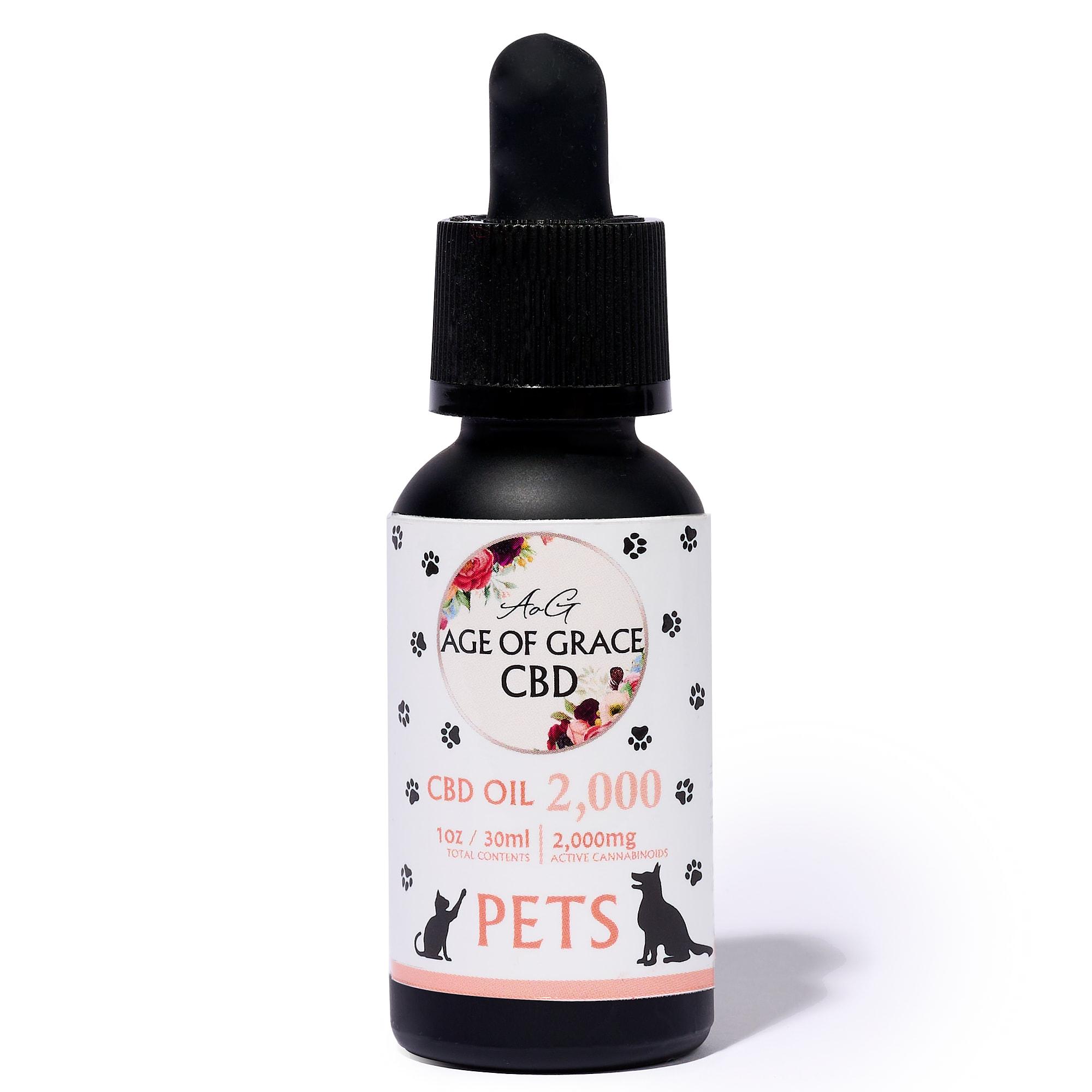 Age of Grace: 2,000 mg CBD Pet Oil (6.7% Concentration), Unflavored, Full Spectrum, 1 x $40.00
Our 2,000 mg Full-Spectrum Pet CBD Oil provides natural, high-strength support for dogs and cats dealing with stress, separation anxiety, arthritis, or aging-related discomfort. Each dose delivers a safe and effective concentration of full-spectrum CBD — including beneficial cannabinoids like CBG, CBN, CBC, and CBT — to help your pet feel their best every day.

Crafted with organic ingredients and pet-safe carrier oils, this formula is free artificial additives, and harmful fillers. Whether used short-term or as part of a long-term wellness plan, it's a trusted choice for calm, comfort, and mobility.

✅ Key Benefits:
Helps Calm Anxiety: Supports emotional balance during thunderstorms, travel, or separation
Supports Joint Health & Mobility: Ideal for older pets or breeds prone to arthritis
Safe for Daily Use: Clean, organic formula with 2,000 mg of full-spectrum CBD
Vet-Trusted & Lab-Tested: Third-party tested for safety, purity, and potency
Pet-Approved Taste: Easy to administer with food or directly by mouth


Ingredients:
Organic MCT Oil
Full Spectrum CBD, <0.3% THC, 3rd Party Tested

Note:
Subscriptions are scheduled for the first of the month regardless of when the first order is placed.