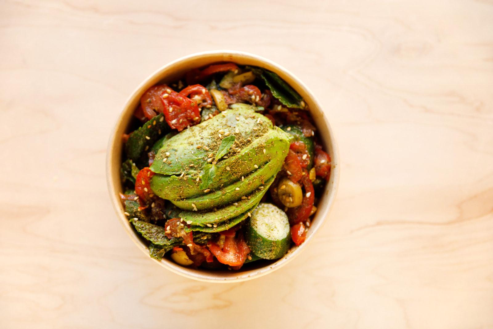 Manousheh: Zaatar Avocado Salad, 1 x $13.00
thyme mix, avocado, tomato, cucumber, mint, olives, sumac, and olive oil dressing