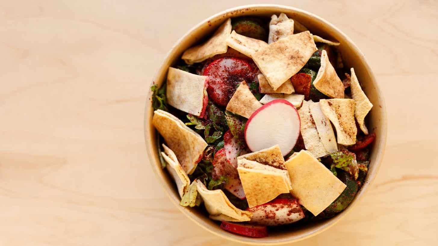 Manousheh: Fattouch - TP , 1 x $9.00
Traditional lebanese salad with lettuce, cucumber, tomato, radish, parsley, mint, scallions, sumac, lemon juice, olive oil, and crispy pita bread