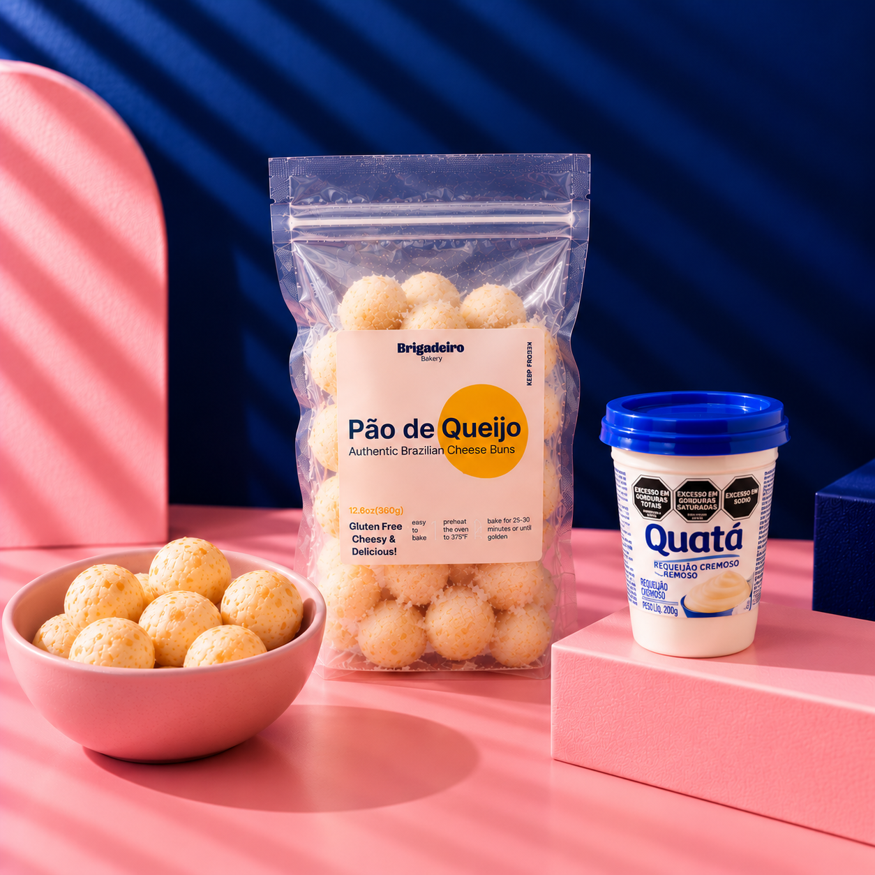 Brigadeiro Bakery: Pão de Queijo (Bake at home / Frozen) , 1 x $23.99
The Authentic Brazilian cheese bun, ready to bake at home. Naturally gluten free.

Ingredients: parmesan, mozzarella, swiss cheese, eggs, milk, salt, tapioca starch and vegetable oil.

Shelf life: 12 months frozen.

Gluten Free
Contains: CHEESE, MILK, EGGS.