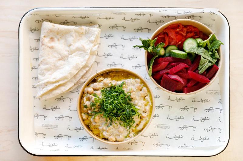Manousheh: Msabaha, 1 x $12.00
boiled chickpeas mixed with garlic, lemon juice, and tahini, then topped with olive oil and chopped parsley