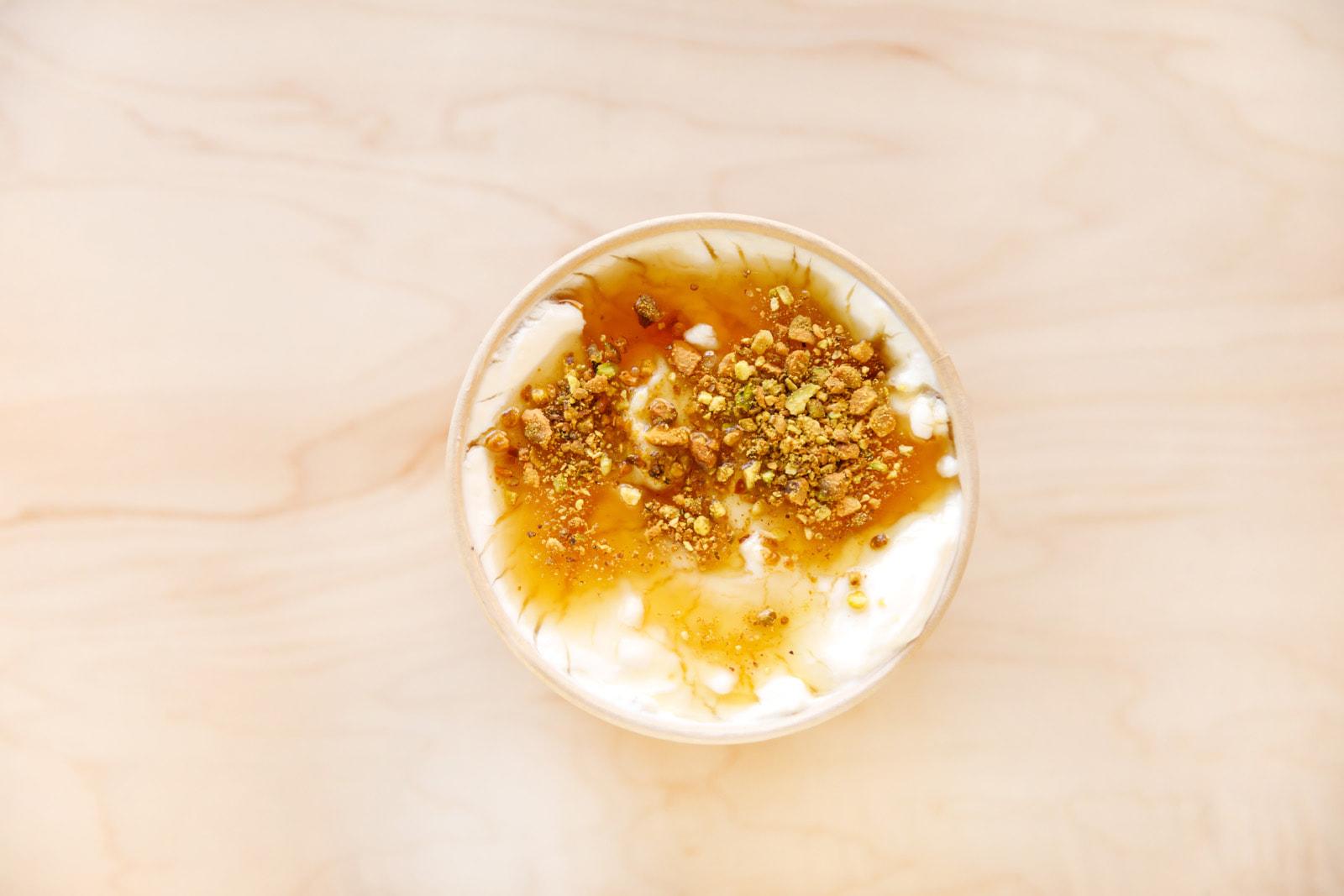 Manousheh: Ashta - TP , 1 x $5.00
our housemade clotted cream made with orange blossom water and rosewater topped with honey