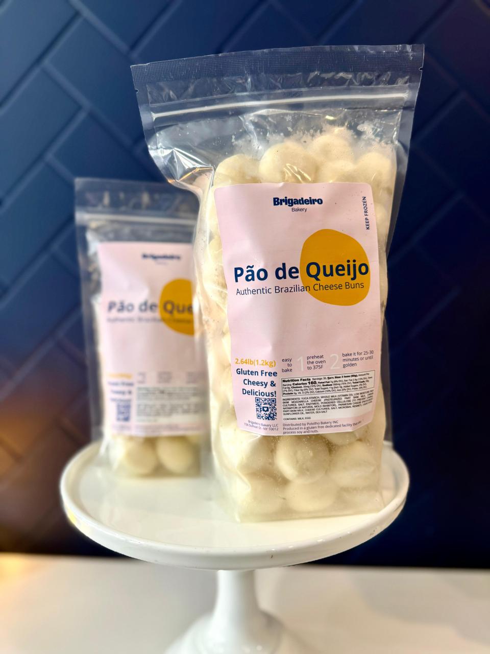 Brigadeiro Bakery: Pao de Queijo (Bake at home / Frozen) , 1 x $35.99
The Authentic Brazilian cheese bun, ready to bake at home. Naturally gluten free.

Ingredients: parmesan, mozzarella, swiss cheese, eggs, milk, salt, tapioca starch and vegetable oil.

Shelf life: 12 months frozen.

Gluten Free
Contains: CHEESE, MILK, EGGS.
