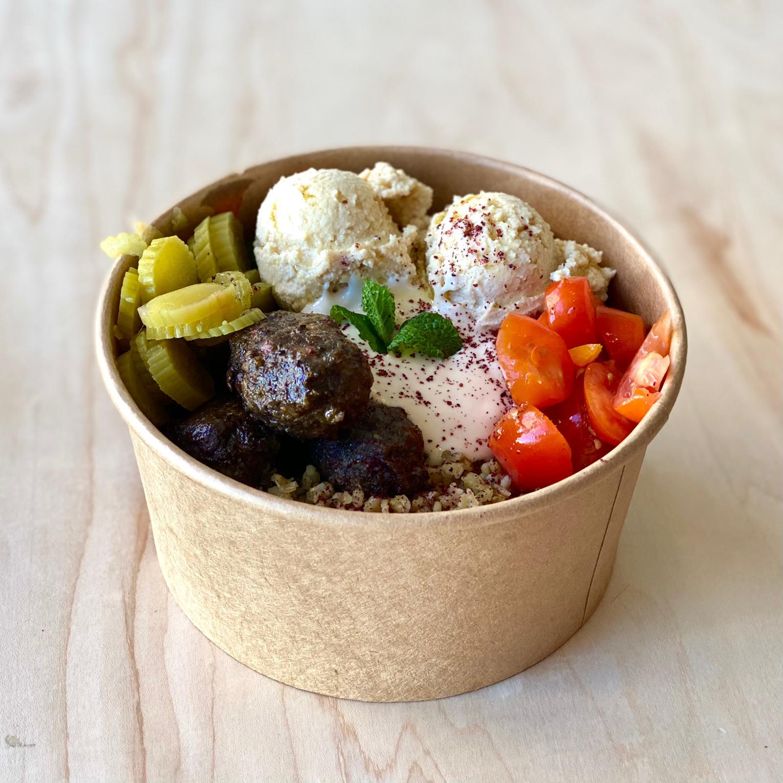 Manousheh: Kafta Freekeh, 1 x $16.00
freekeh, kafta, onion and parsley salad, tomatoes, pickles, hummus, tahini, olive oil and sumac